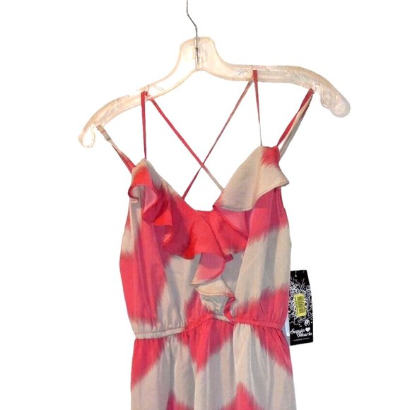 Sequin Hearts Strappy Dress Sz S Pink Tan Chevron Fit Flare Ruffle NEW - Picture 11 of 15